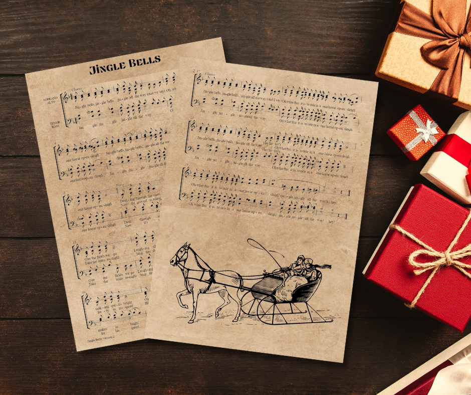 Image of Jingle bells musical score sheets against a wooden background with gifts